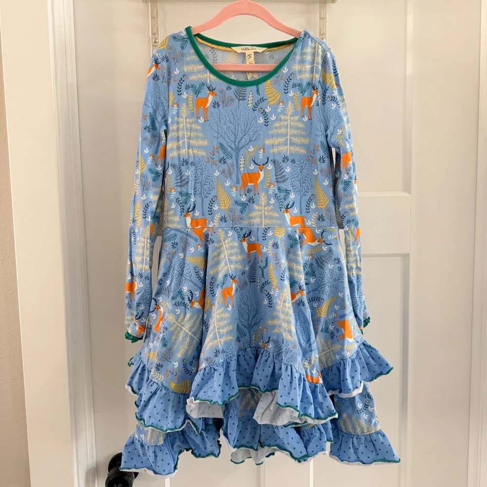Matilda Jane Girls Neck of the‎ Woods Blue Deer Print Ruffle Dress Size 8